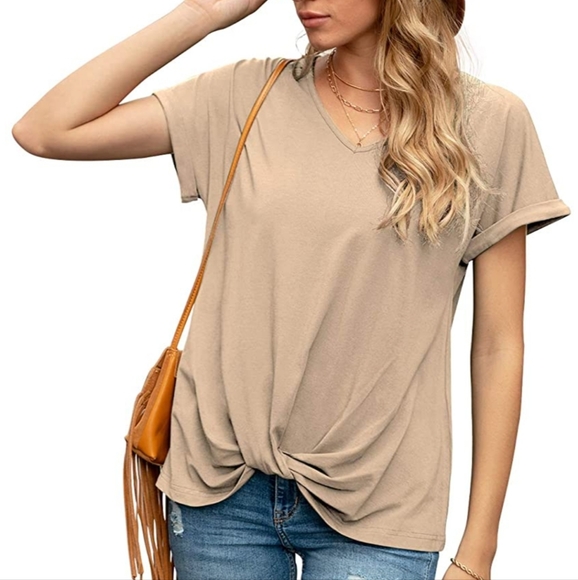 Iandroiy Women's Comfy Casual Summer Tops Short Sleeve V Neck Blouses T Shirts - Picture 2 of 6